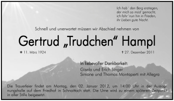 Traueranzeige von Gertrud Hampl von Pegnitz-Zeitung